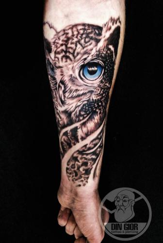 татуировка с тиле реализм на руке с совой с голубим глазом